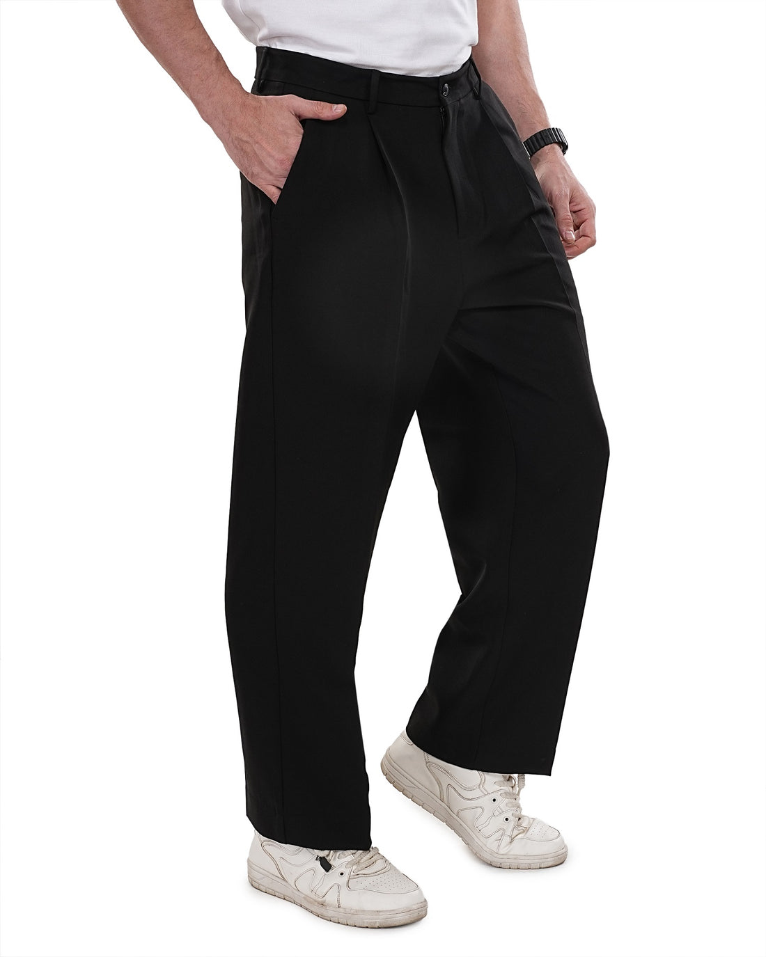 Men Black Solid Pleats Korean Trousers