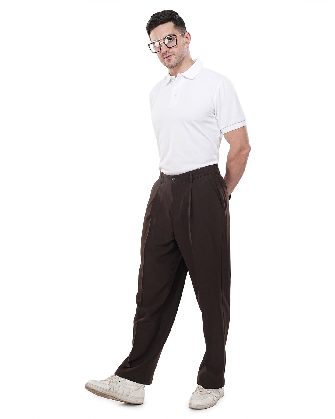 Men Brown Solid Pleats Korean Trousers