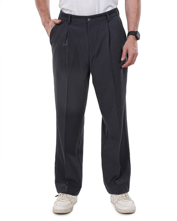 Men Dark Grey Solid Pleats Korean Trousers