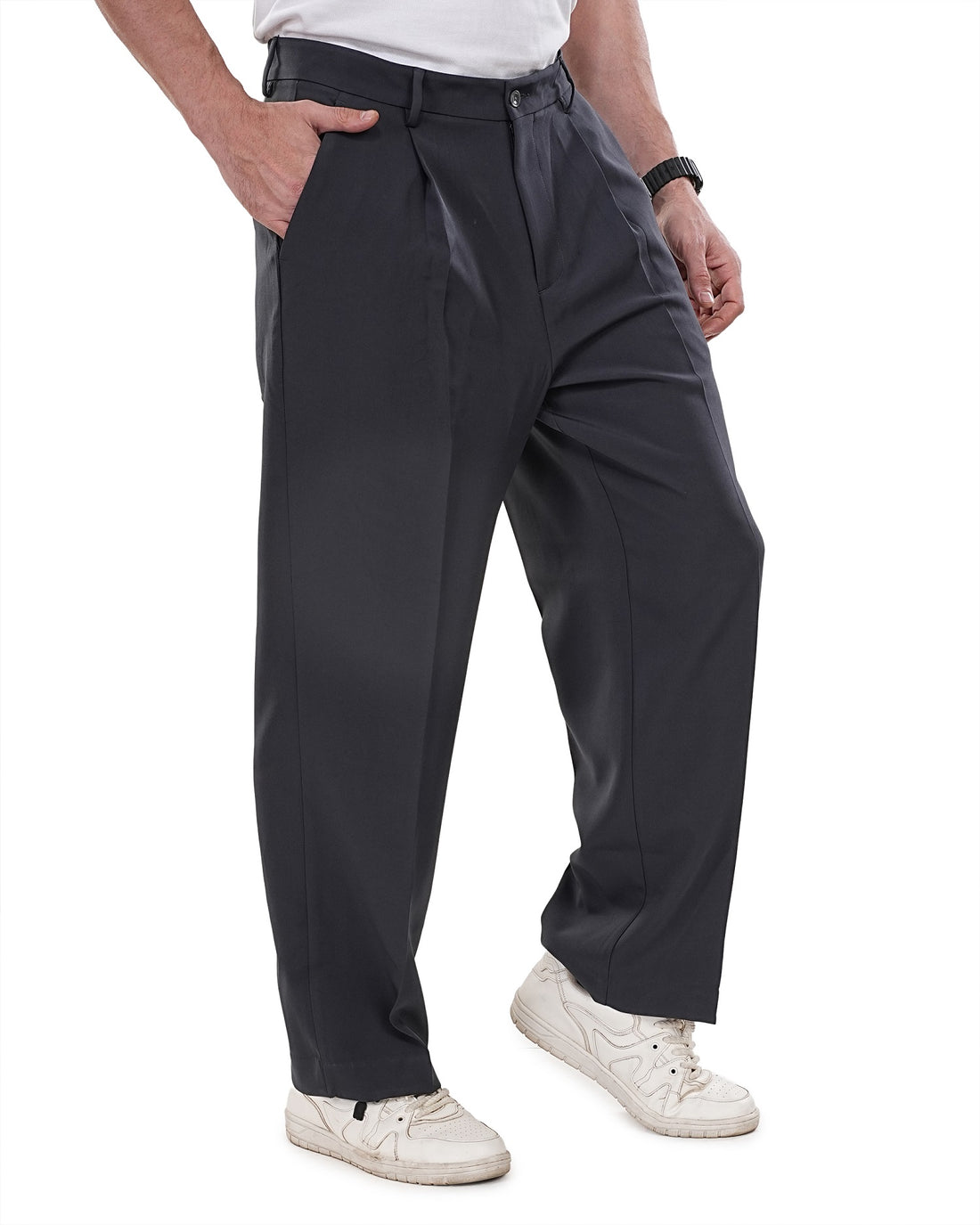 Men Dark Grey Solid Pleats Korean Trousers