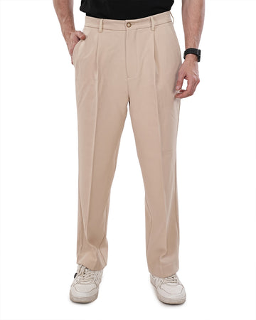 Men Beige Solid Pleats Korean Trousers