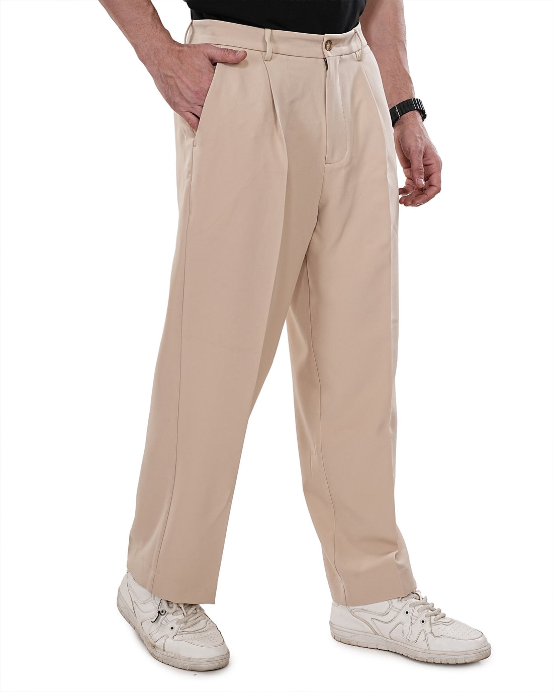 Men Beige Solid Pleats Korean Trousers