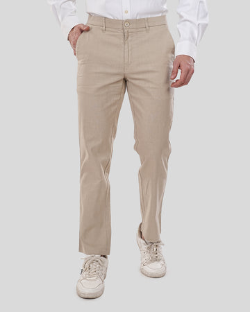 Men Beige Solid Regular Fit Linen Trousers
