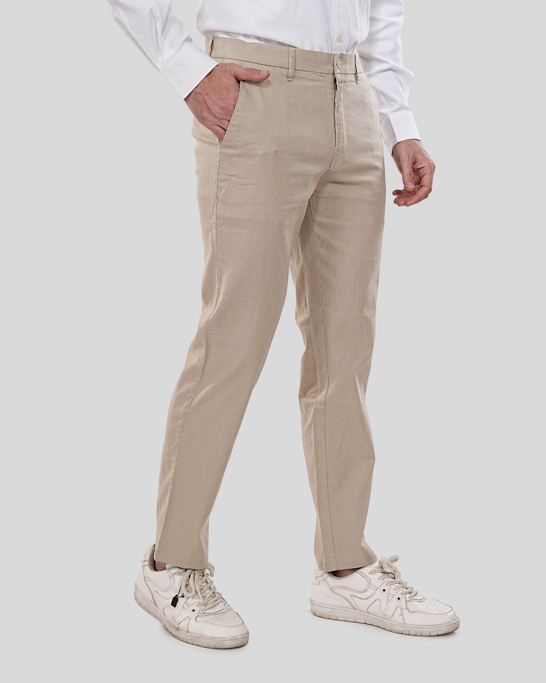 Men Beige Solid Regular Fit Linen Trousers
