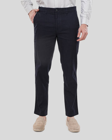 Men Navy Blue Solid Regular Fit Linen Trousers