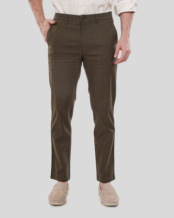 Men Olive Green Solid Regular Fit Linen Trousers