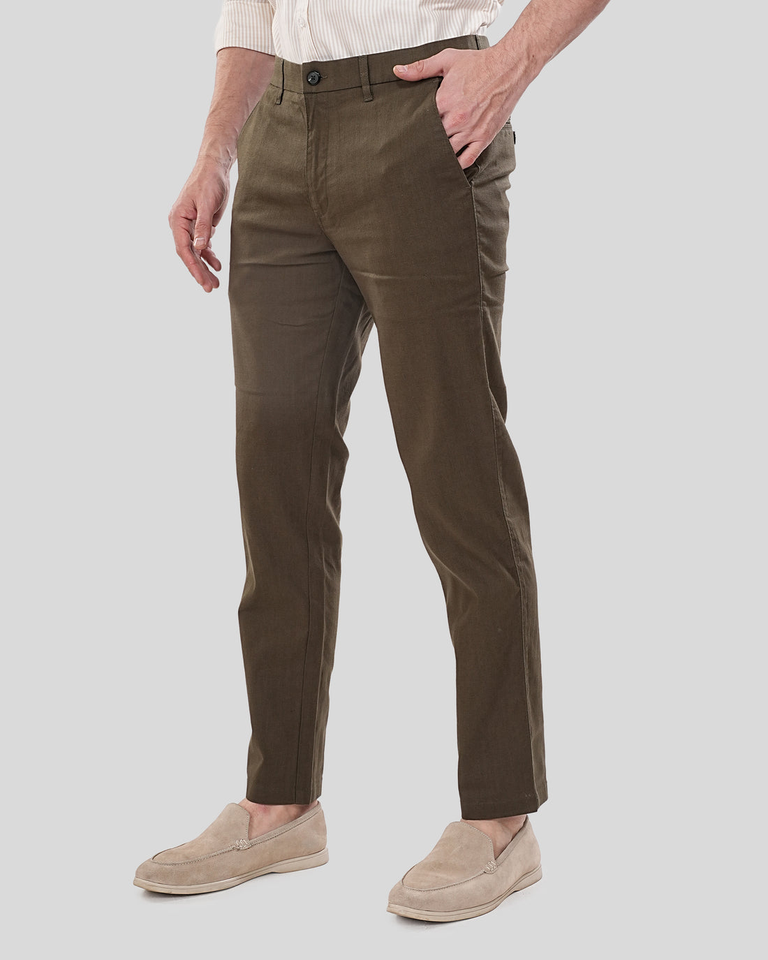 Men Olive Green Solid Regular Fit Linen Trousers