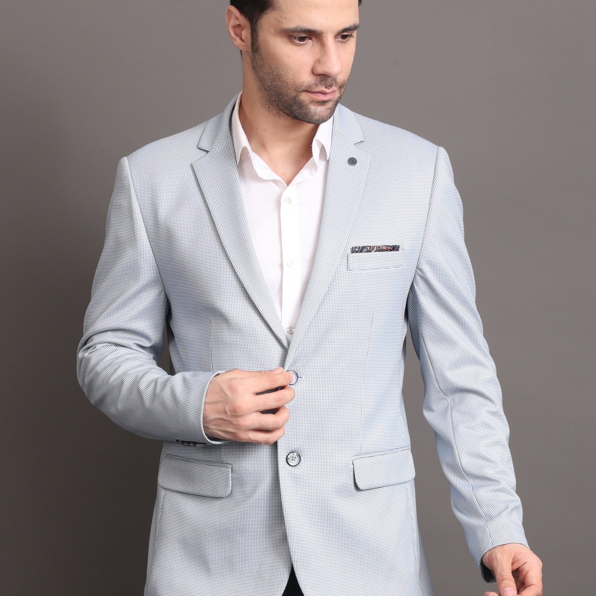 Men's Checked Sky Blue Tailored Fit Formal Blazer
