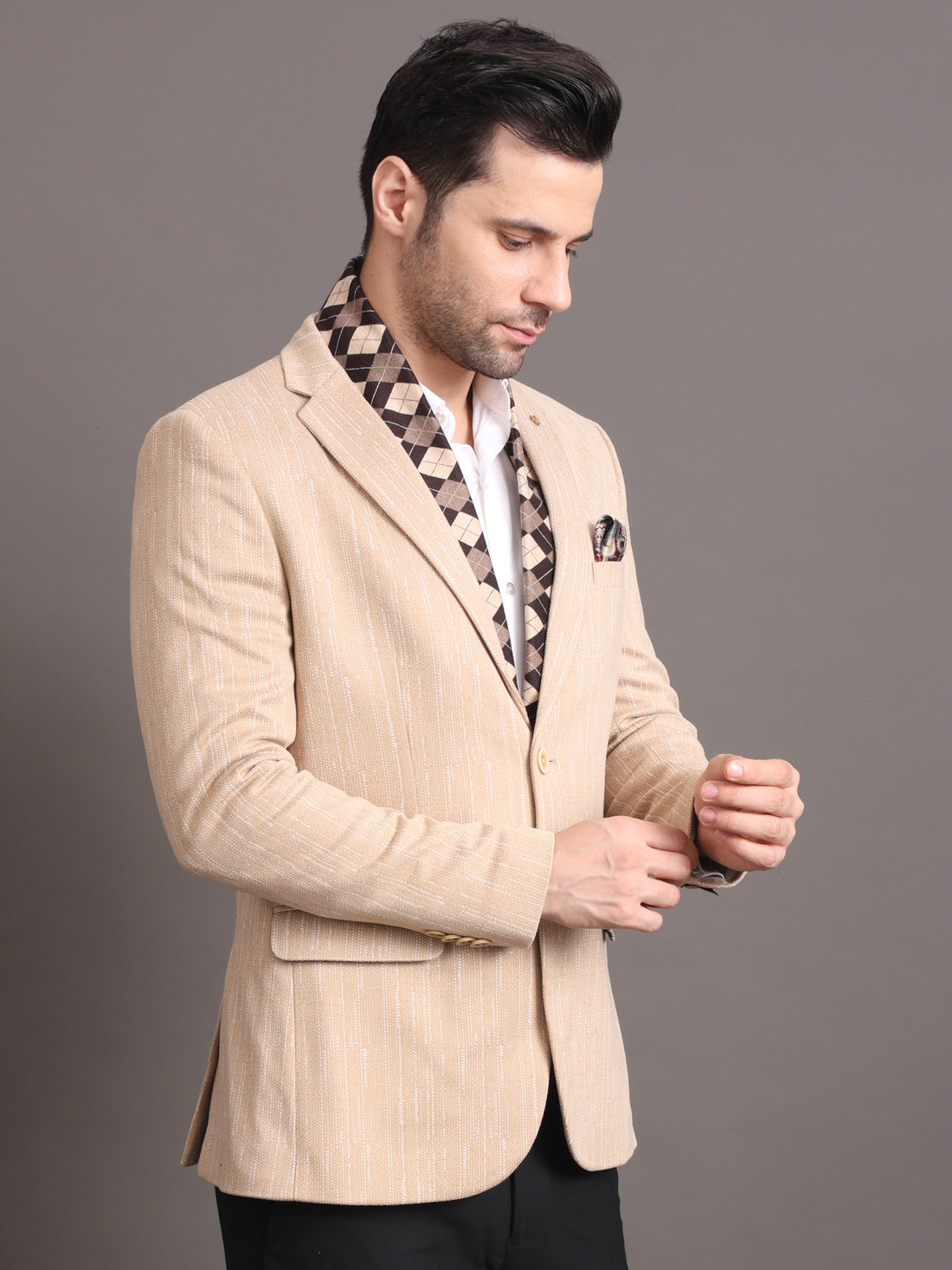 Men's Beige Tweed Tailored Fit  Formal Blazer