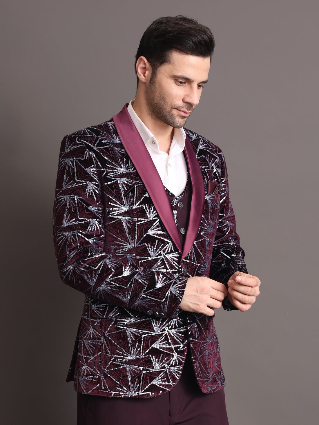 Wine Embroidered Men Tuxedo Suit