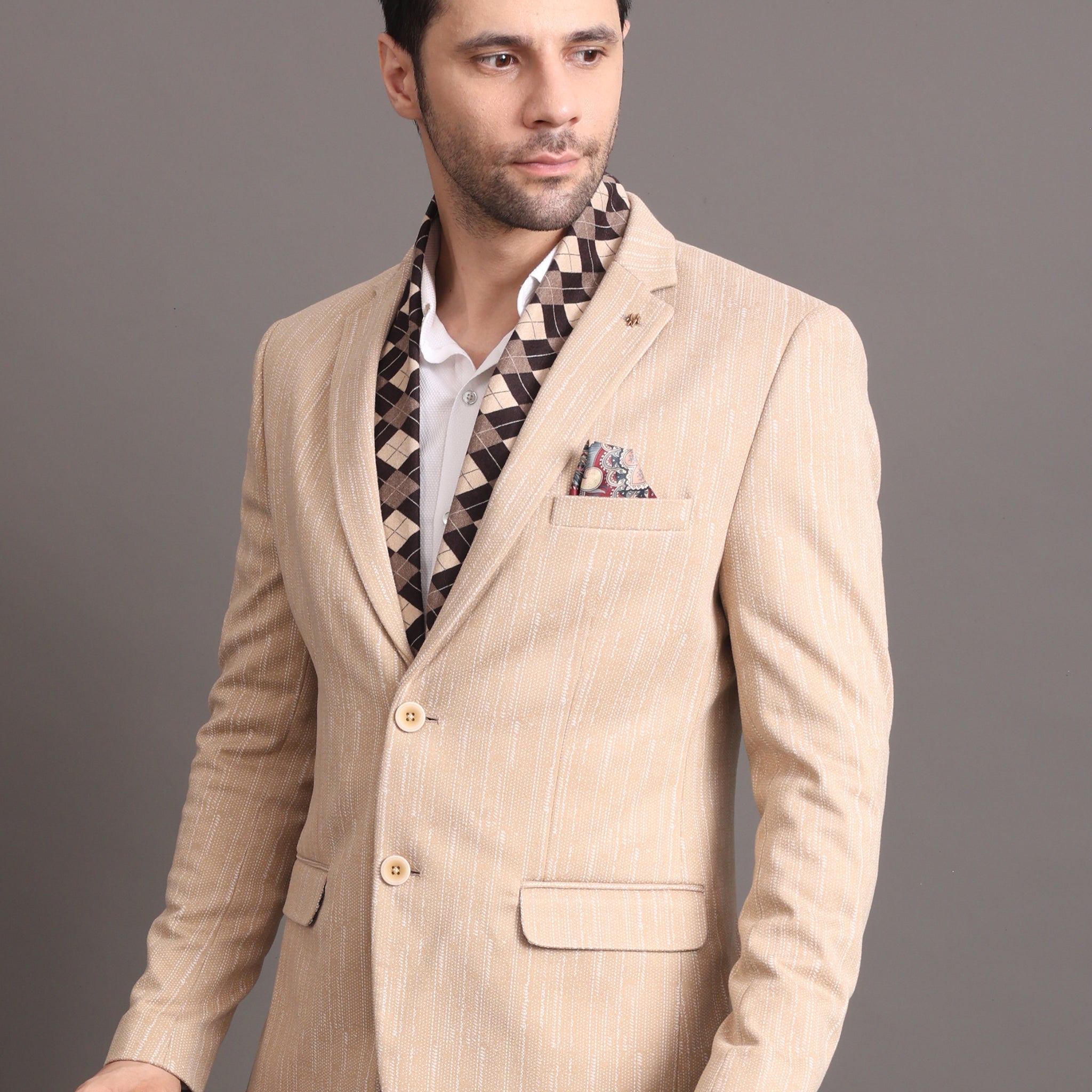 Men's Beige Tweed Tailored Fit  Formal Blazer