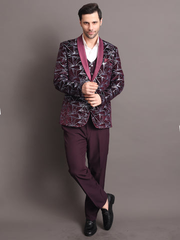 Wine Embroidered Men Tuxedo Suit