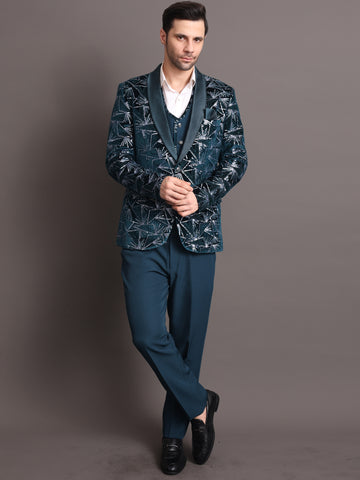 Teal Blue Embroidered Men Tuxedo Suit