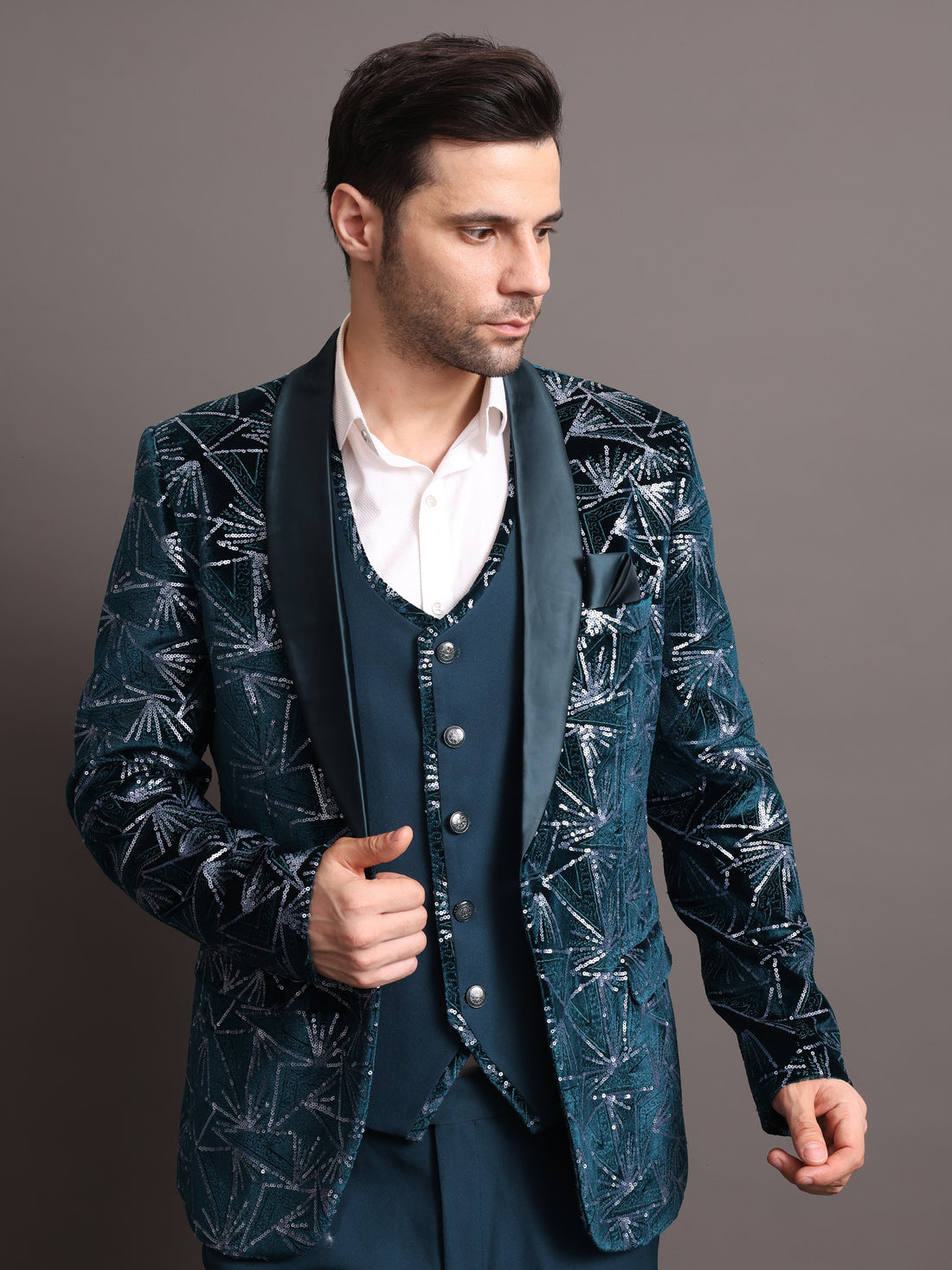 Teal Blue Embroidered Men Tuxedo Suit