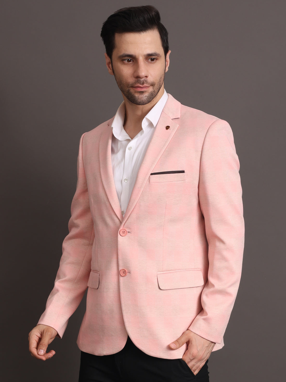Men's Peach Checked Tailored Fit Formal Blazer