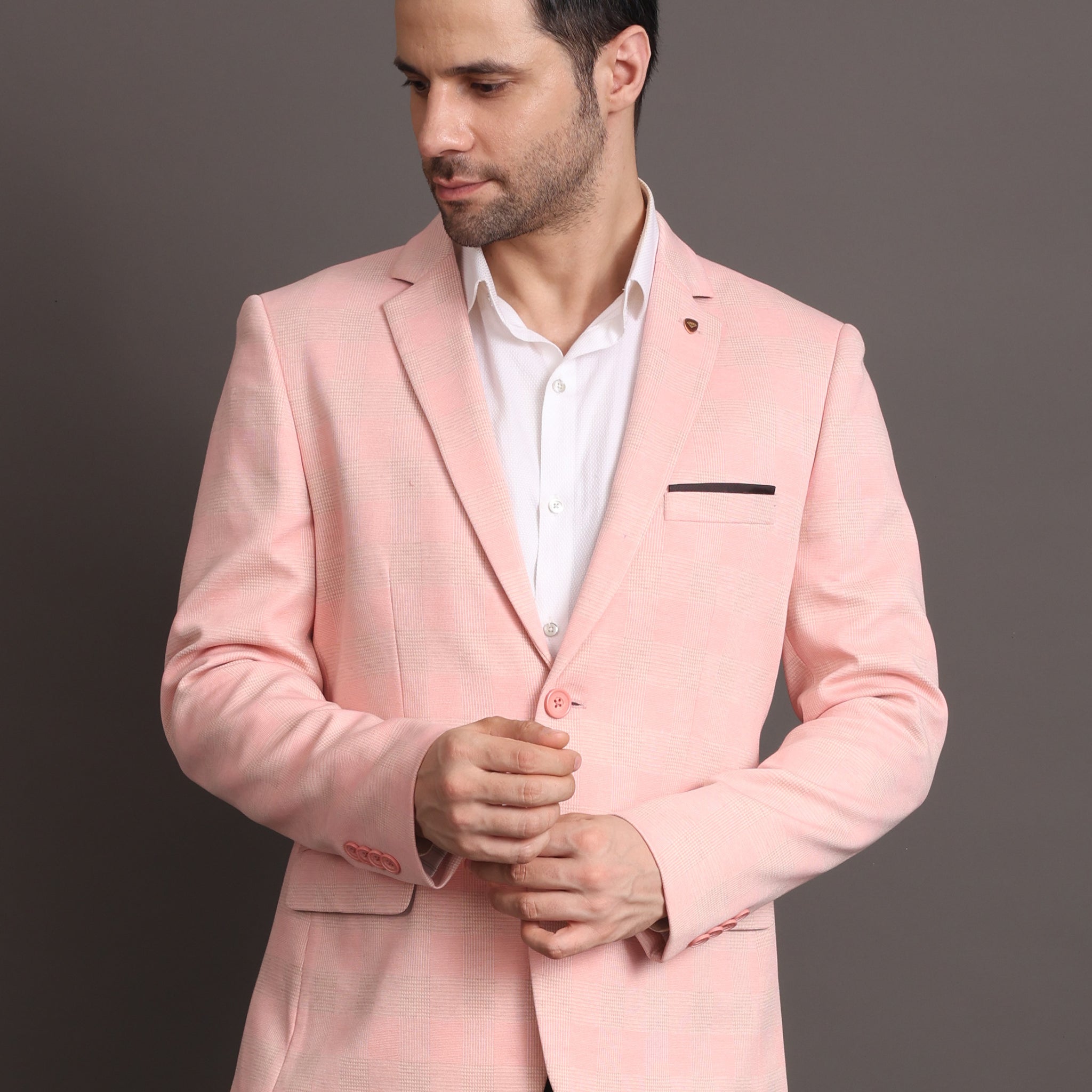 Men's Peach Checked Tailored Fit Formal Blazer
