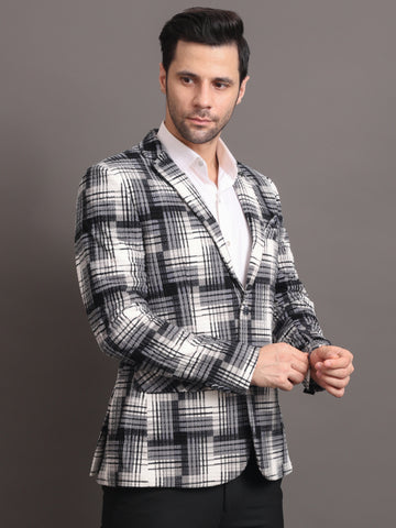 Men's White And Black Tweed Checked Tailored Fit Formal Blazer