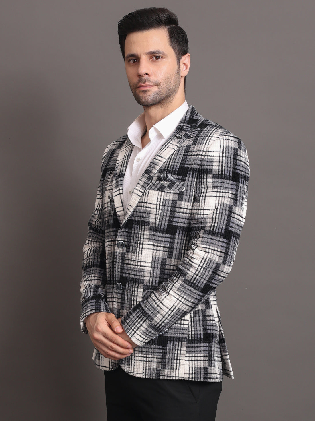 Men's White And Black Tweed Checked Tailored Fit Formal Blazer